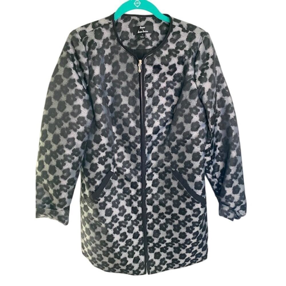 Dennis Basso Black and Silver Floral Zip Front Coat Jacket Duster Size 4